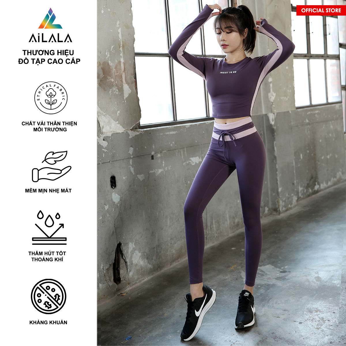 Bộ quần áo thể thao nữ AiLALA LUX85D, Đồ tập Yoga Gym Pilates, chất vải Hi-tech cao cấp