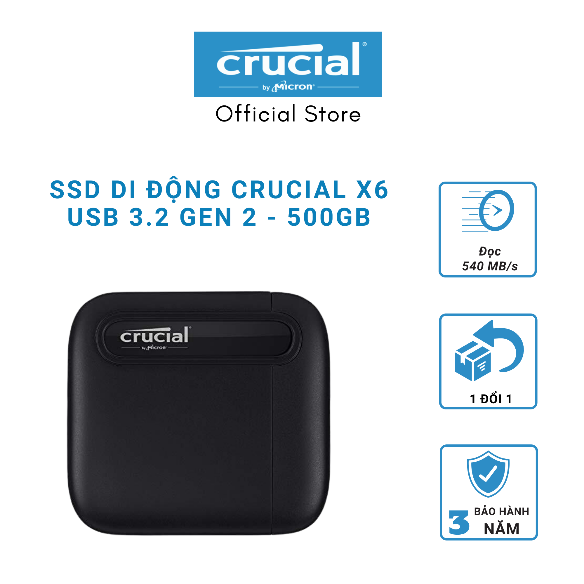 Ổ cứng di động 500GB External SSD Crucial X6 USB 3.2 Gen 2 Type-C CT500X6SSD9 - HÀNG CHÍNH HÃNG