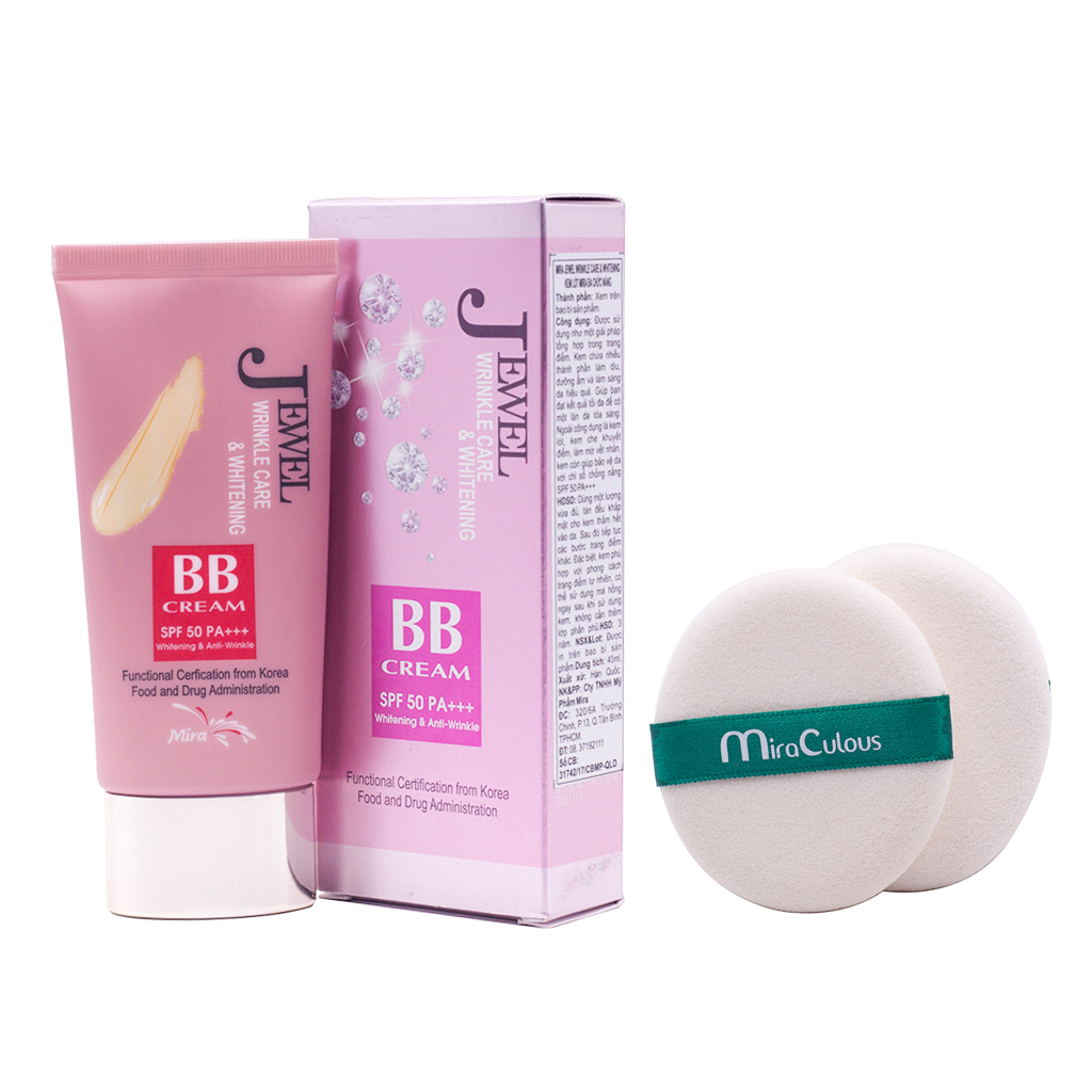 Kem lót nền đa chức năng cao cấp Hàn Quốc Mira Jewel BB Cream (40g) + tặng Bông phấn tán kem nước cao cấp Hàn Quốc Mira culous (quai xanh) – Hàng chính hãng.