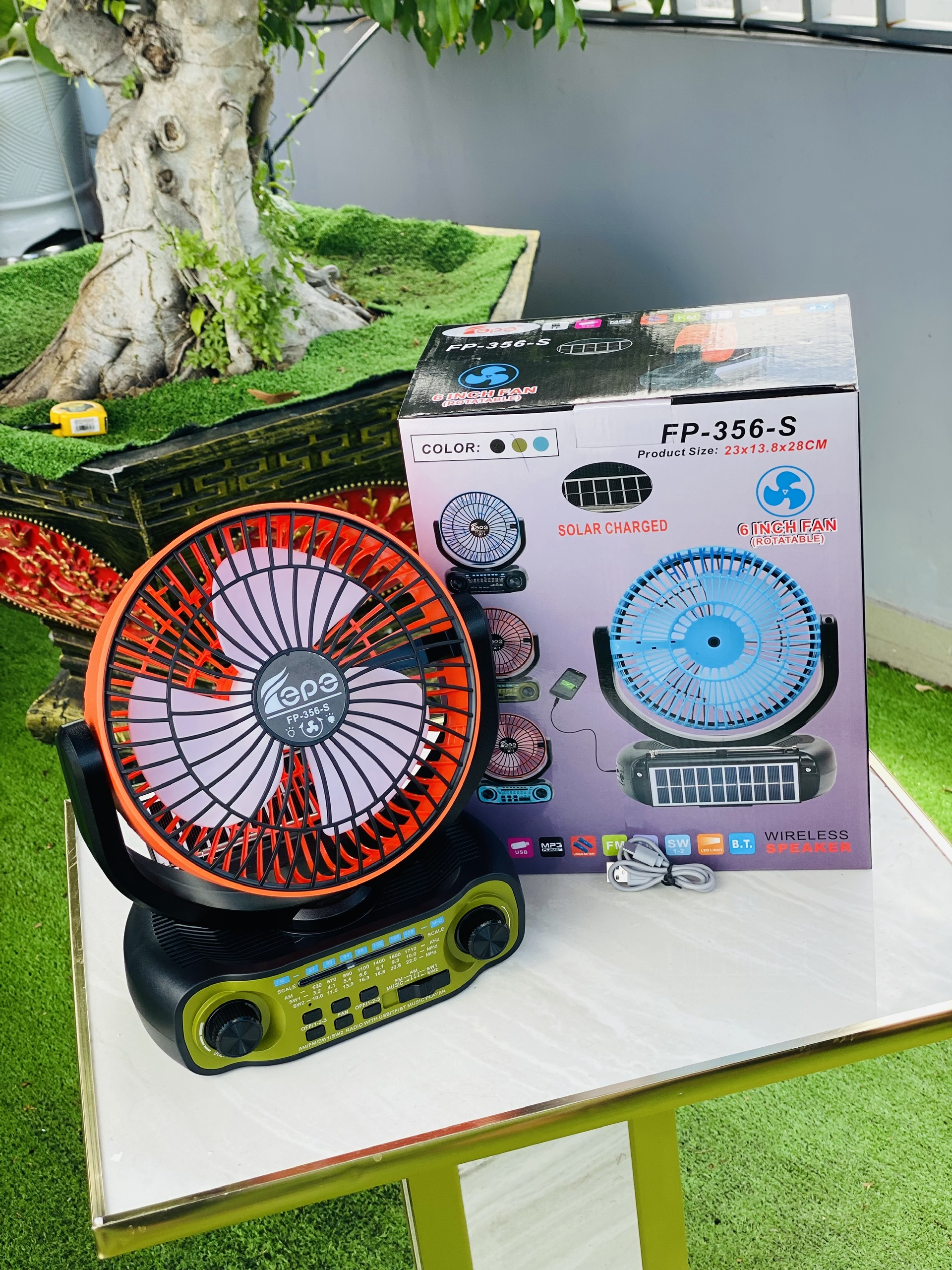 Quạt Đa Năng FP356S tích hợp 3 trong 1 quạt làm mát đài radio nghe nhạc có năng lượng mặt trời cao cấp dùng pin sạc hàng nhập khẩu