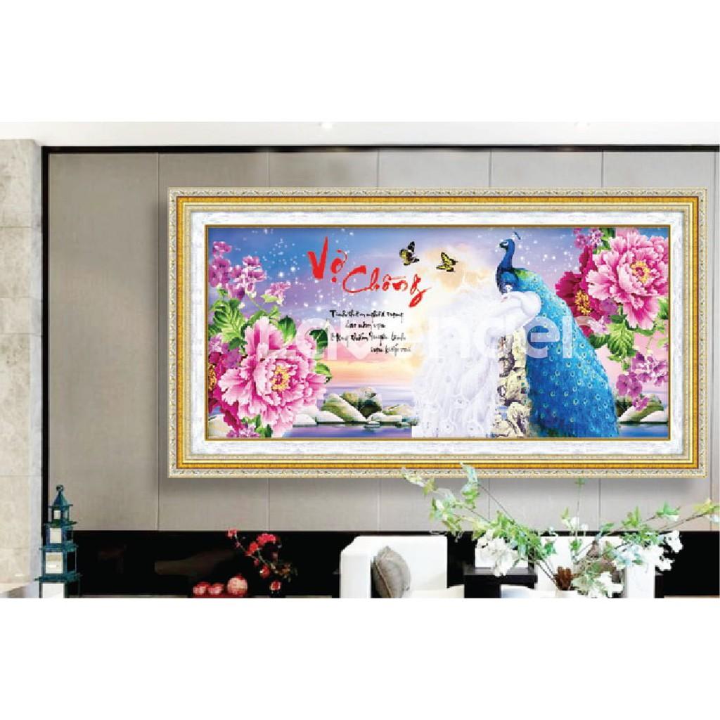 Tranh thêu vợ chồng công hoa mẫu đơn LV3182 - kích thước: 83 * 43cm.