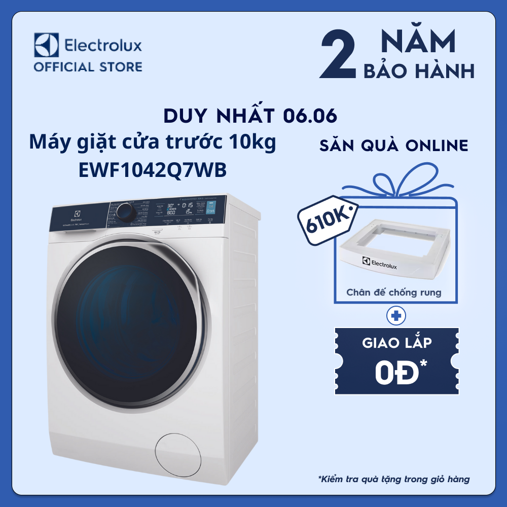 [Free Giao lắp] Máy giặt cửa trước Electrolux 10kg EWF1042Q7WB - Diệt 99.9% vi khuẩn, giặt sạch sâu, không cặn giặt tẩy, kết nối Wifi [Hàng chính hãng]