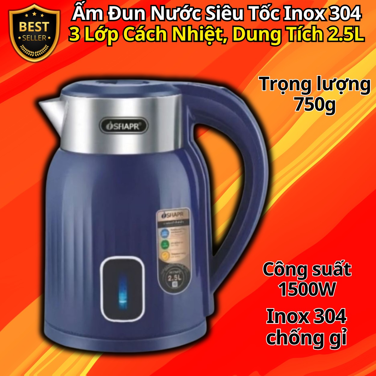 Bình Đun Nước Siêu Tốc Cao Cấp – Ấm Siêu Tốc Inox 304 Chống Gỉ, Công Suất 1500W, Dung Tích Lớn 2.5L - Hàng chính hãng D Danido