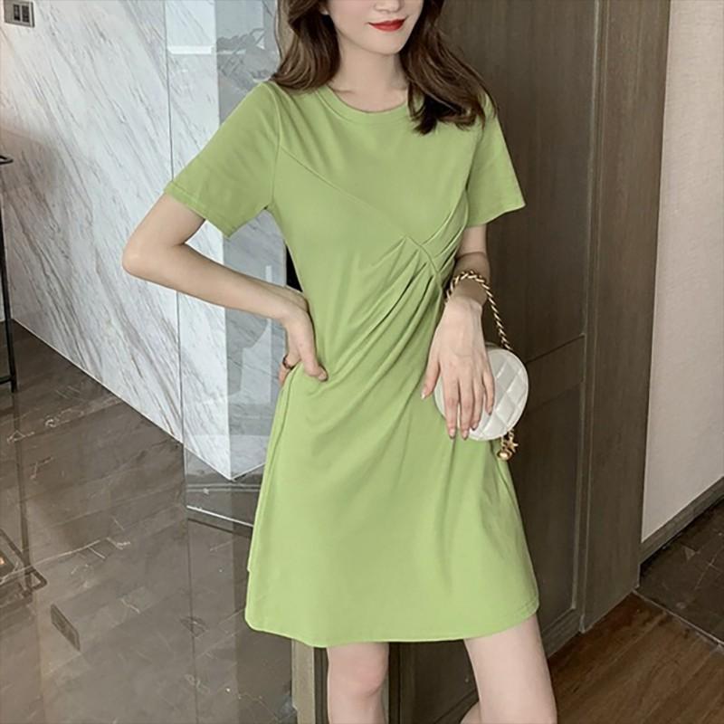 Đầm cổ tròn màu trơn thiết kế thanh lịch