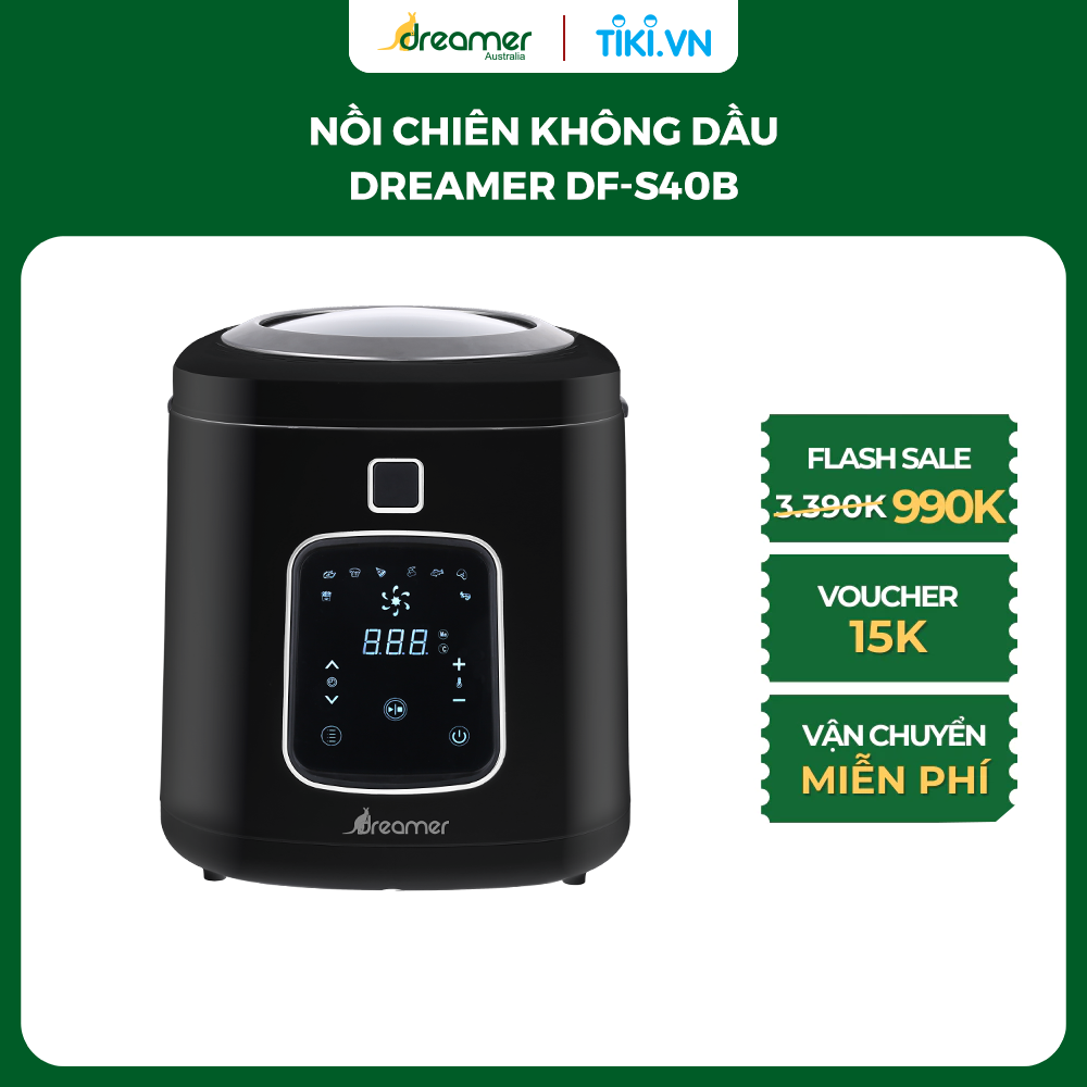 Nồi chiên không dầu Dreamer DF-S40B nắp kính trong suốt Smart View 8 chức năng 4 lít - Hàng Chính Hãng