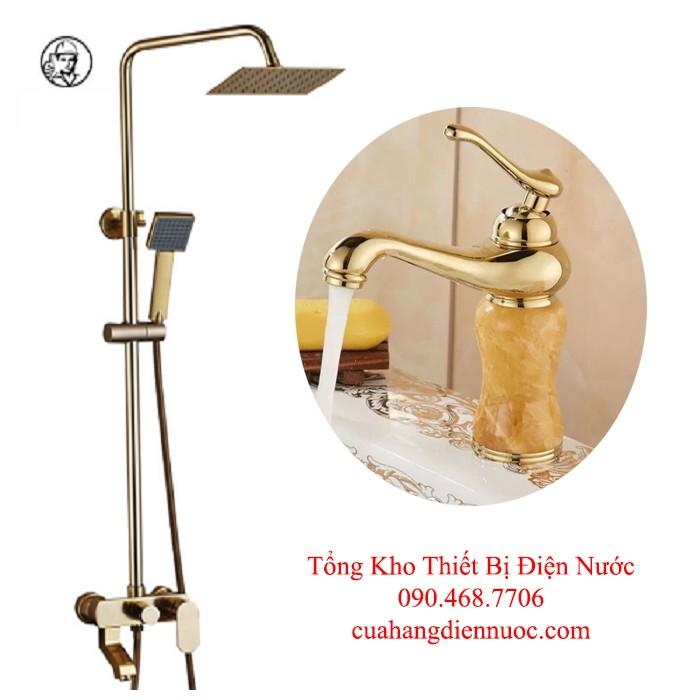 Combo bộ sen cây vàng ánh kim kèm vòi chậu lavabo đính đá cao cấp