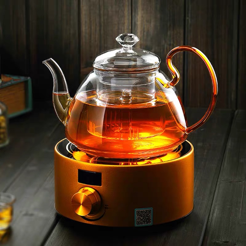 Ấm pha trà thuỷ tinh 1100ml quai vàng cao cấp