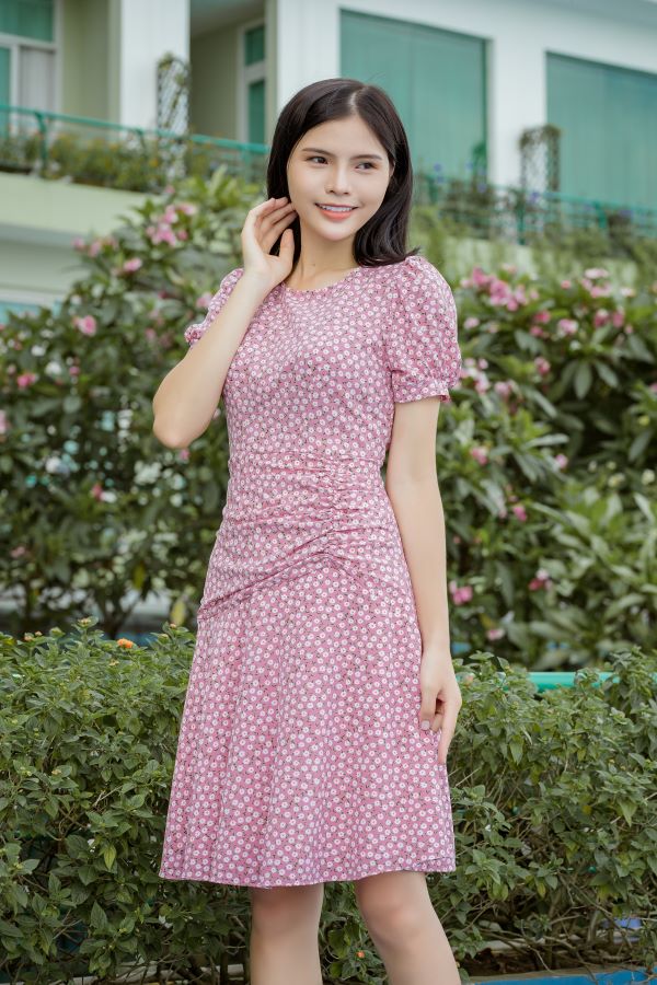 Váy xòe xếp bèo hoa cúc màu hồng EV23