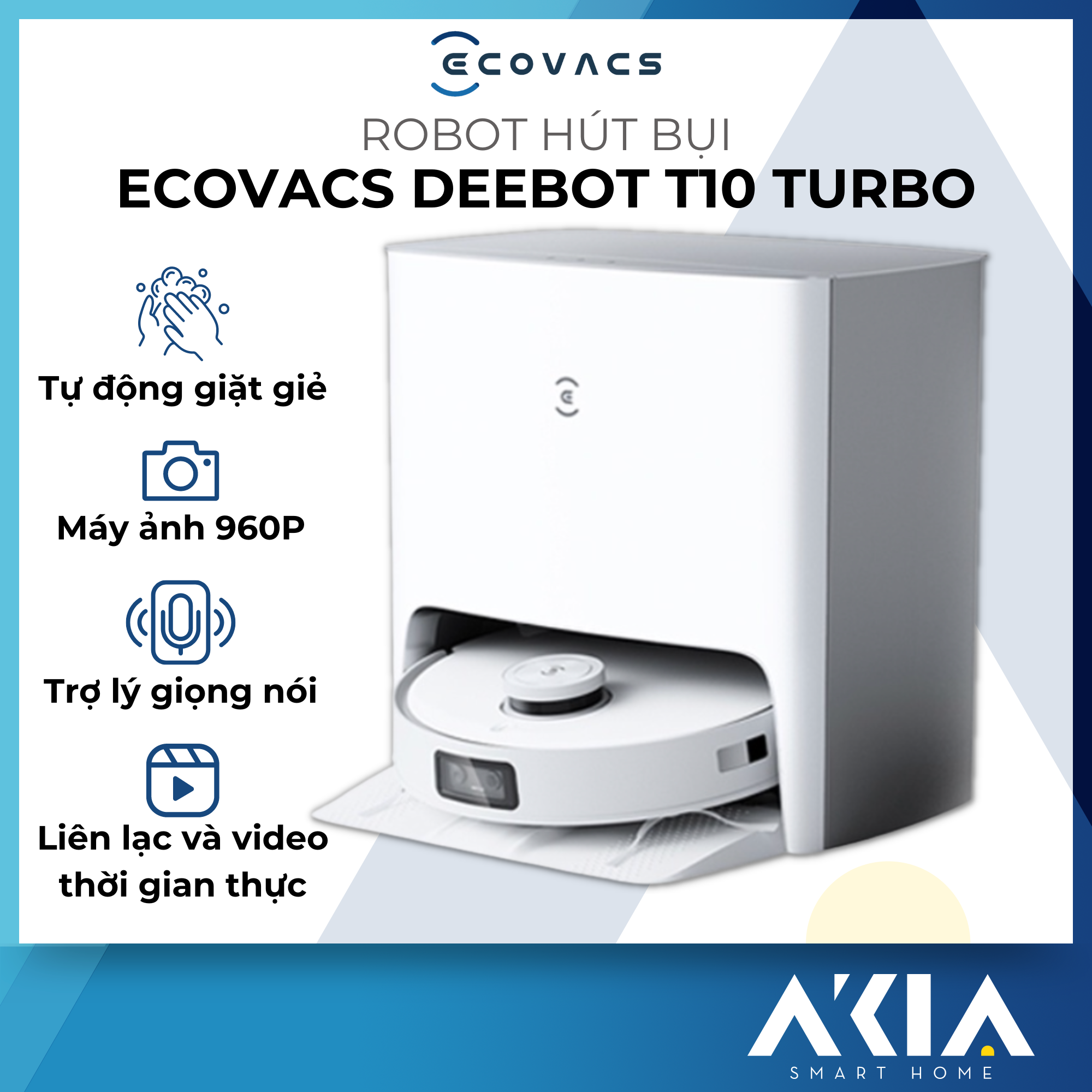 Robot Hút Bụi Lau Nhà Thông minh Giặt Giẻ Tự Động Ecovacs Deebot T10 Turbo - Bản Quốc Tế - Điều Khiển Bằng Giọng Nói, Lực hút 3000 Pa, Camera 960p, Lưu 3 Bản đồ - Hàng Chính hãng