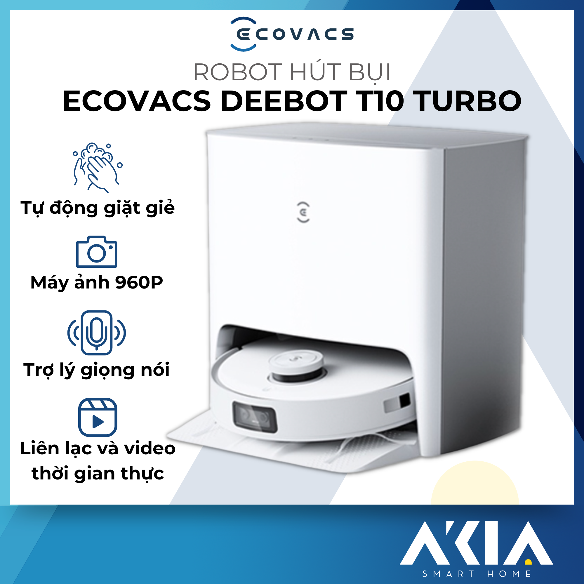 Robot Hút Bụi Lau Nhà Thông minh Giặt Giẻ Tự Động Ecovacs Deebot T10 Turbo -  Bản Quốc Tế - Điều Khiển Bằng Giọng Nói, Lực hút 3000 Pa, Camera 960p, Lưu 3 Bản đồ - Hàng Chính hãng