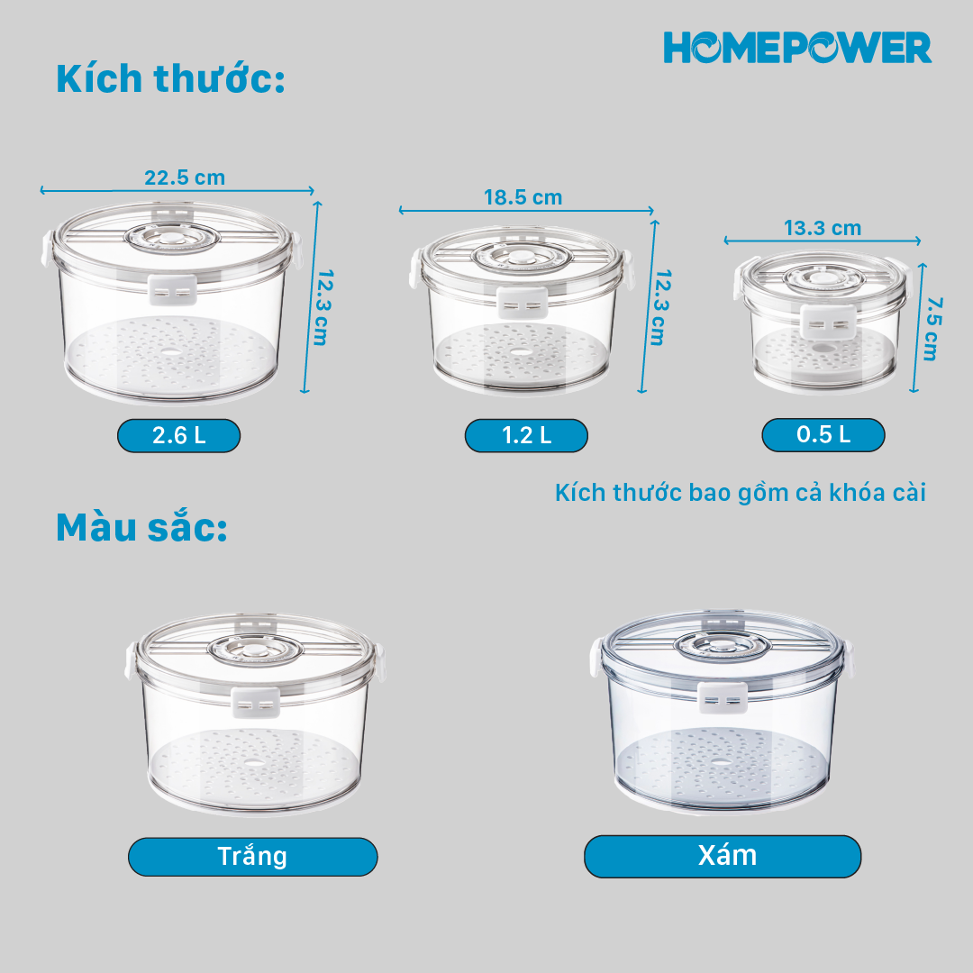 Set 3 hộp tròn đựng thực phẩm tủ lạnh Homepower bảo quản thực phẩm có lót đáy ráo nước, van thoát khí PET Xuất Khẩu EU