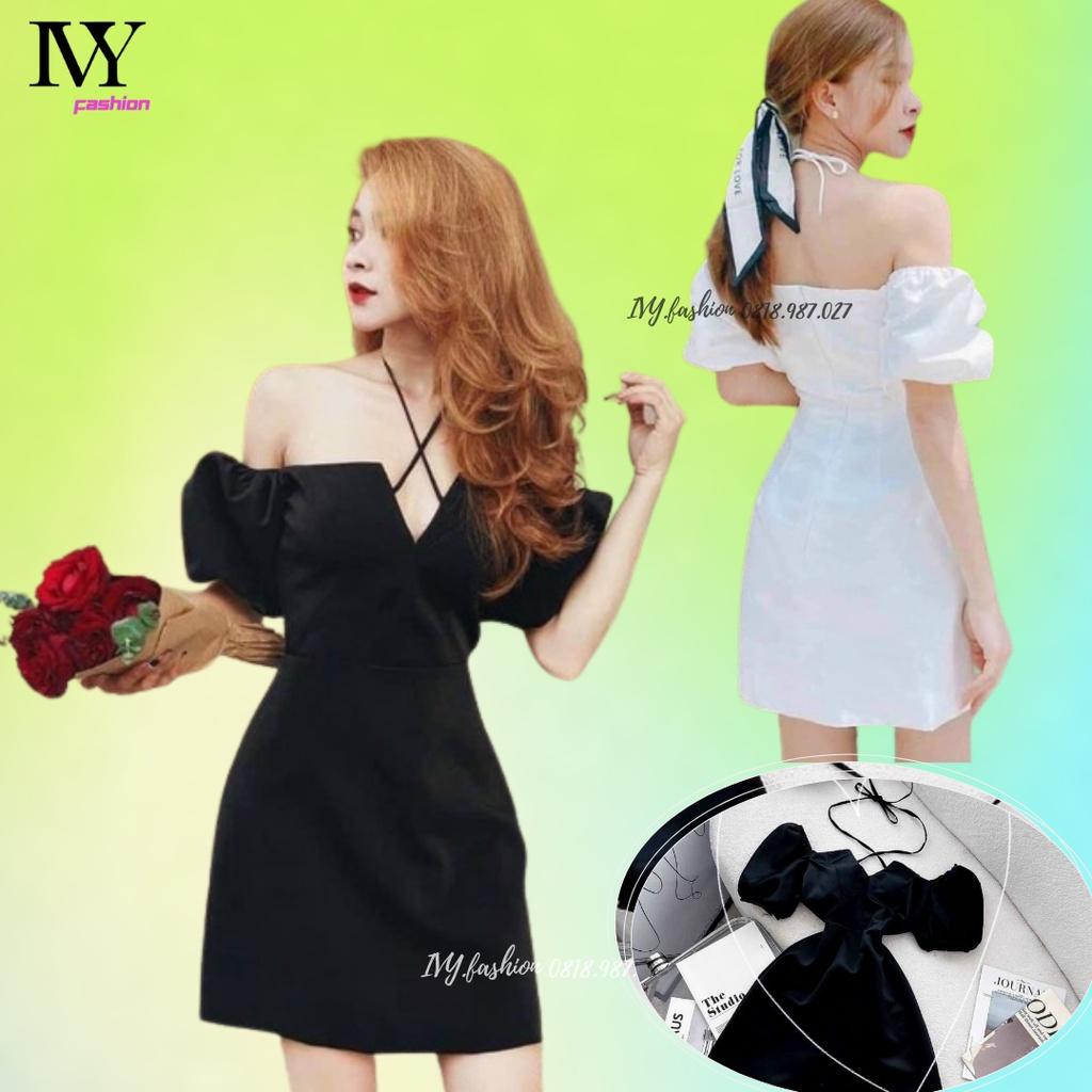 Đầm váy ôm body tafta mút ngực tay búp cột dây cổ yếm trễ vai tay con ngắn đen trắng đi biển dự tiệc dạo phố bigs