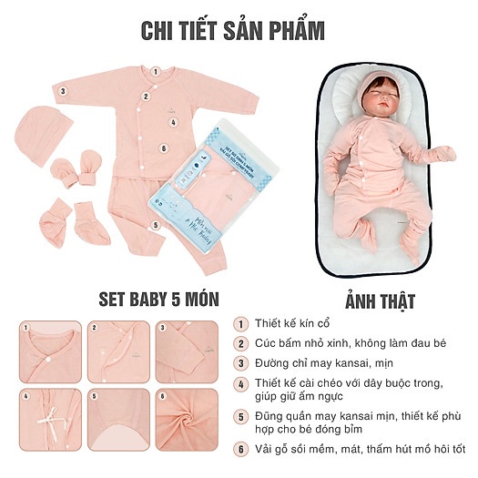 Set Bodysuit sơ sinh 5 món ComfyBaby (quần áo dài tay, bao tay chân, mũ) kẻ sọc