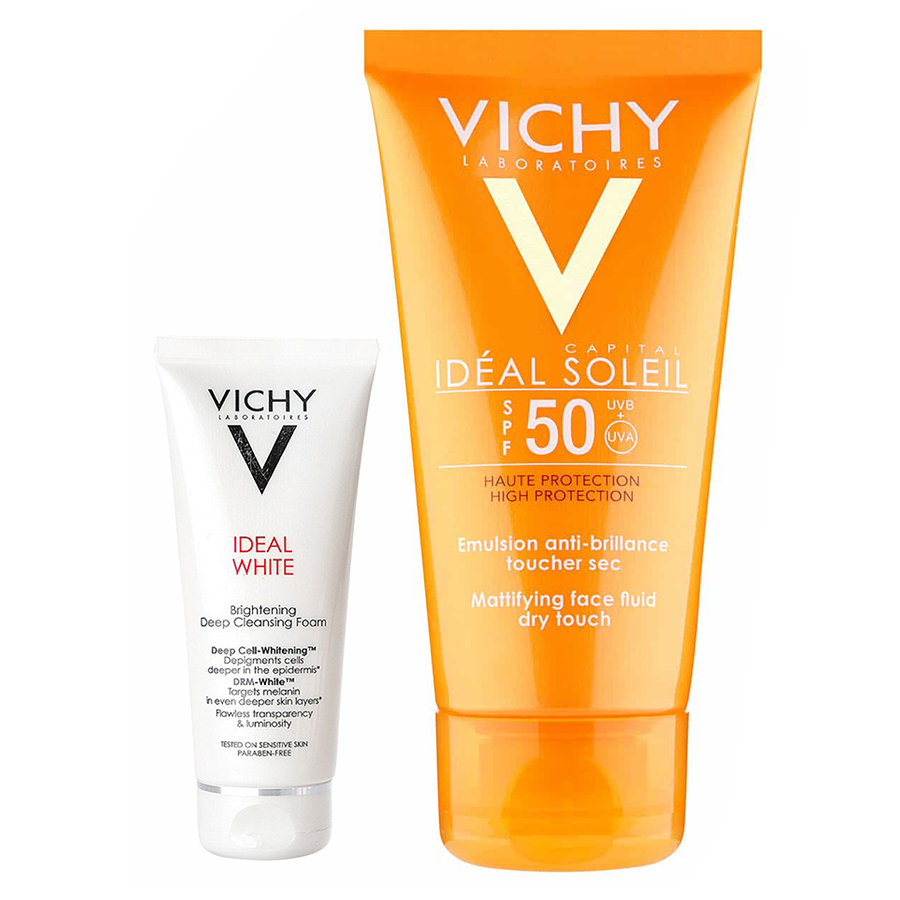 Kem Chống Nắng Không Gây Nhờn Rít Không Màu SPF50  Vichy Capital Soleil SPF50 Face Dry Touch (50ml) - Tặng Sữa Rửa Mặt Ideal White 15ml - 100820082