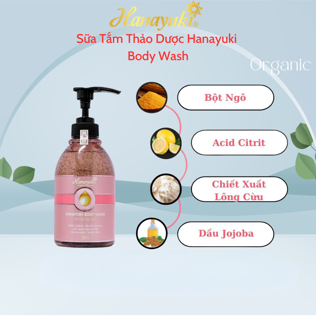 Sữa Tắm Thảo Dược Body Wash Hanayuki Chính Hãng Dưỡng Trắng Cấp Ẩm Sạch Mụn Cơ Thể 500g