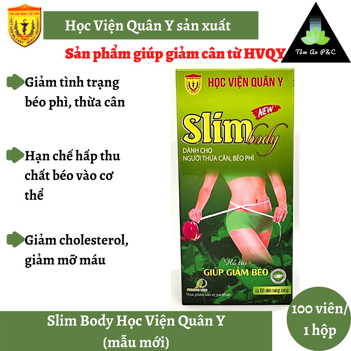 Set Quà Combo 3 Hộp Viên Uống Slim Body New Học Viện Quân Y - 100 Viên