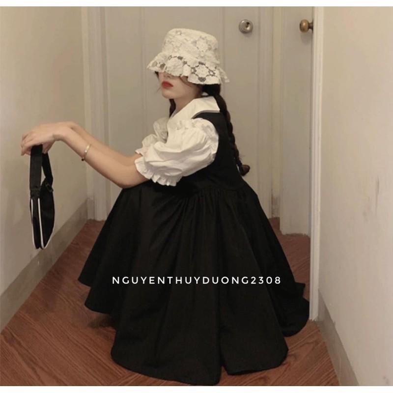 Set yếm+áo sơmi cổ sen tay bèo Ulzzang