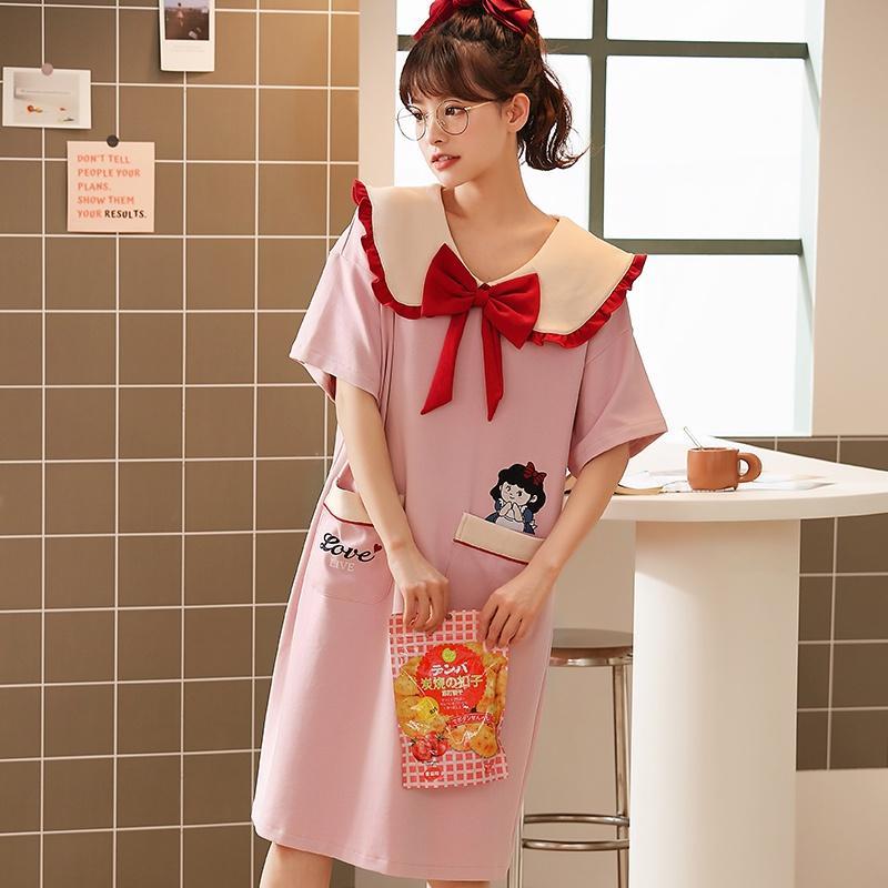 Đầm Ngủ cotton Mỏng Dáng Rộng Cổ Tròn Thắt Nơ Thời Trang Mùa Hè Cho Nữ