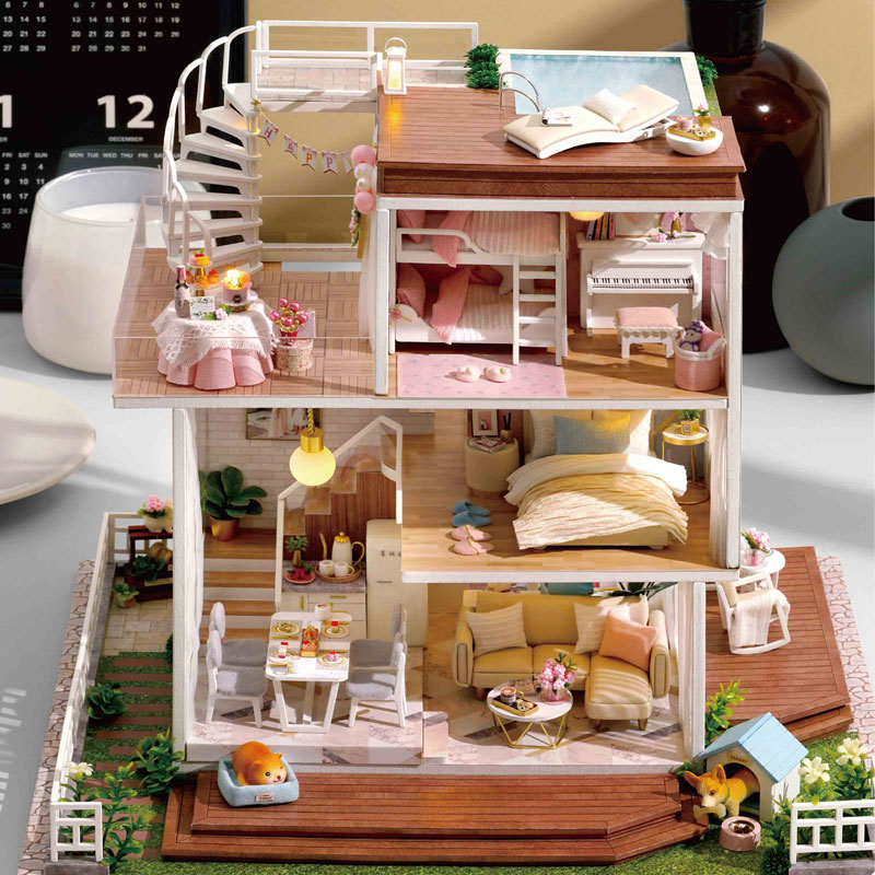 Nhà búp bê lắp ghép bằng gỗ mẫu Điều Tốt Đẹp có đèn led kèm keo và dụng cụ ráp ráp, cót nhạc