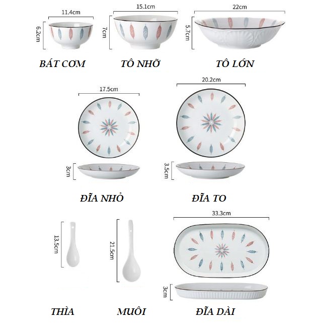 Set bàn ăn 18 chi tiết họa tiết lá phong cách Nhật cho 4 người