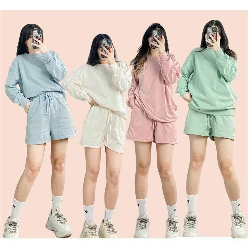 Set Bộ Nỉ Áo Sweater Kèm Quần Đùi Set Bộ Nỉ Ngoại Tay Phồng Form Rộng Phong Cách Ulzzang OTHOW