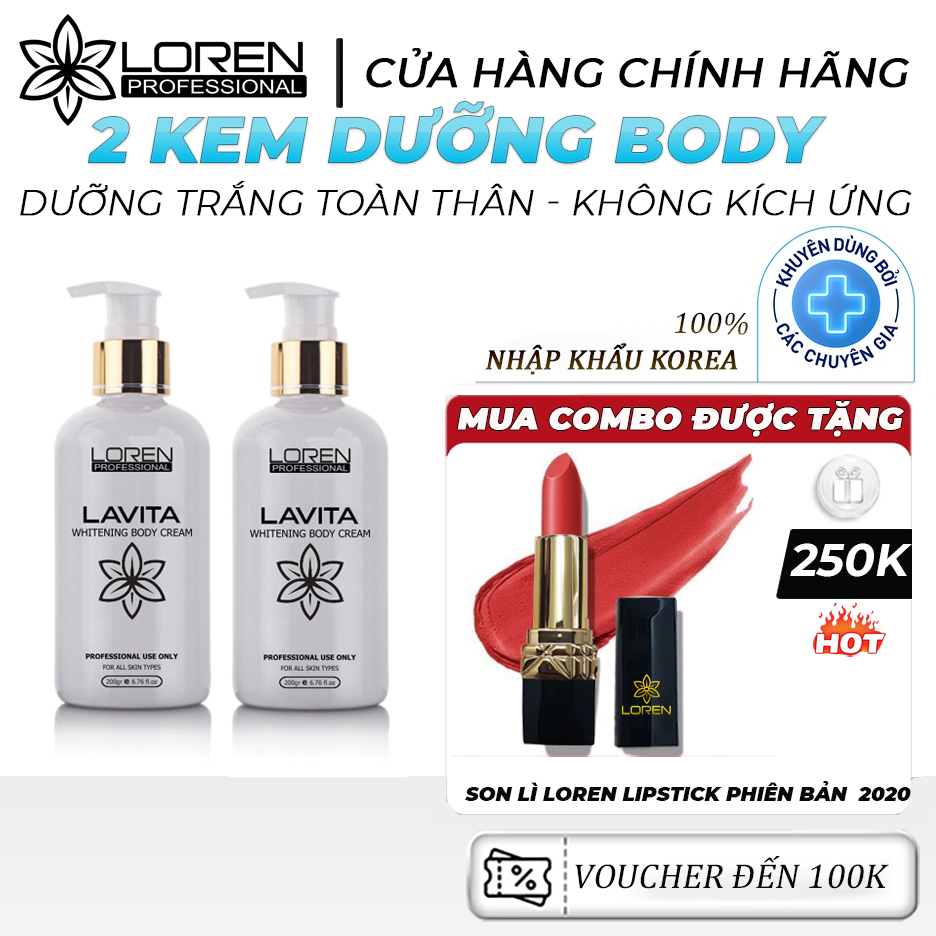 Combo 2 chai Kem dưỡng da Lavita Whitening Body Cream Loren Professional dưỡng ẩm da, dưỡng trắng da mềm mịn, hỗ trợ phục hồi da, giúp ngăn ngừa lão hóa