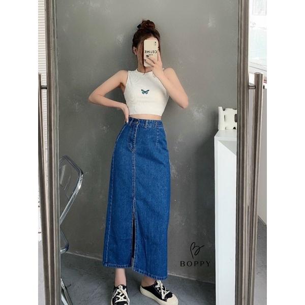 Chân váy bò Denim nữ chất Jeans dáng dài xẻ sườn lưng cao phong cách Ulzzang Hàn #918-929