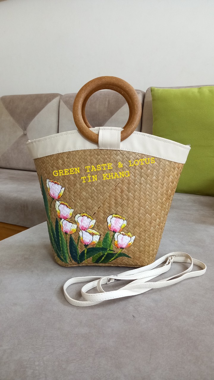 Túi Cói, Túi Xách Cỏ Bàng Quai Gỗ Vẽ Hoa Tulip Đẹp Tinh Tế, Phối Quai Đeo Sang Trọng-TXCBQGVHQDTLTK03-1