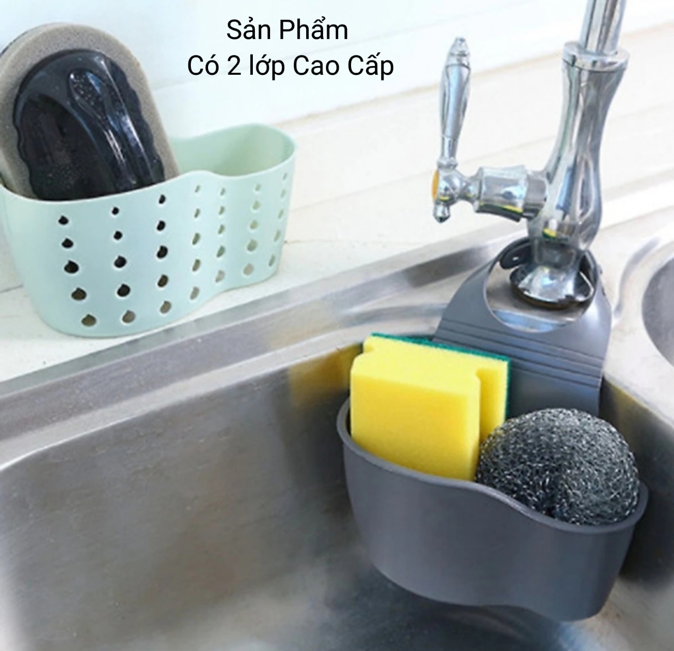 Giỏ Đựng Đồ Rửa Chén Bát 2 Lớp Silicon Treo Bồn Rửa Bát Cao Cấp - Hàng Loại 1 - Tặng Vỉ Dán Tường To