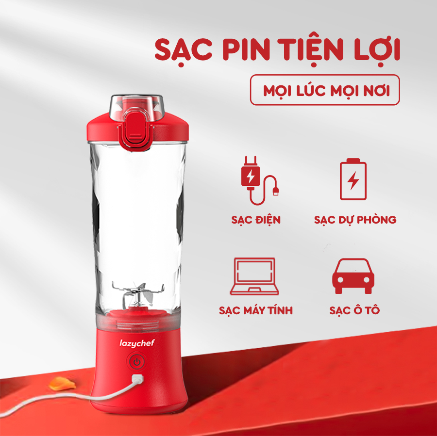 Máy Xay Tích Điện Đa Năng 3IN1 Lazychef - Máy Xay Sinh Tố Kháng Nước, Máy Xay Cầm Tay, Dung Tích 600ml, Hàng Chính Hãng