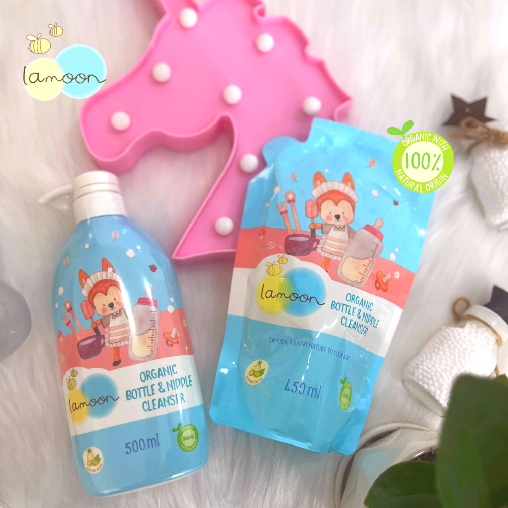 COMBO 2 Túi Nước Rửa Bình Sữa Organic Lamoon 450ml TẶNG 1 Ty Ngậm Siêu Nhẹ (Vỉ Đơn) Cho Bé