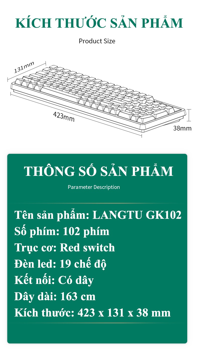 Bàn phím cơ LANGTU GK102 red switch có đèn led RGB với màu sắc phối màu độc lạ dành cho game thủ - HÀNG CHÍNH HÃNG