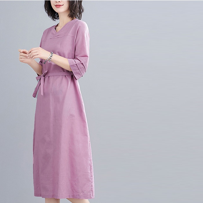 Đầm suông linen cổ tim chồng tay lỡ ArcticHunter, thời trang hè thu 2022 - Tím nhạt