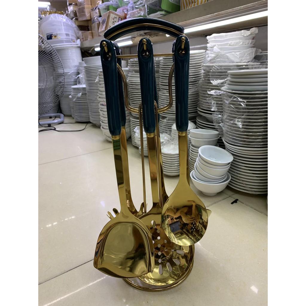 Bộ dụng cụ nấu ăn 6 món kèm giá treo màu xanh ngọc chất liệu inox cao cấp