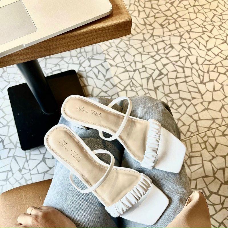 Guốc da mịn quai nhún 7P gót ốp mạ dáng xinh