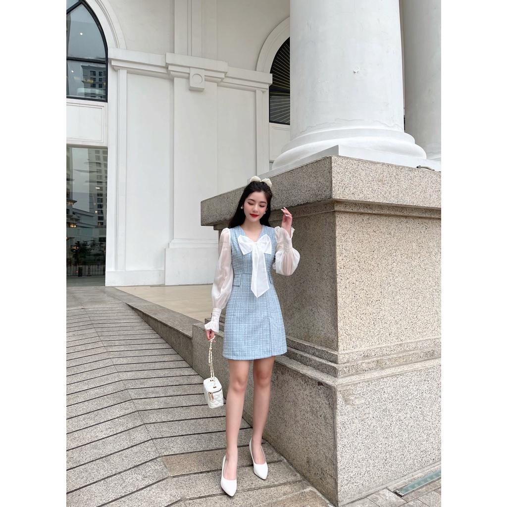 Váy dạ tweed phối voan tay dài bo chun, nơ trước ngực - M116
