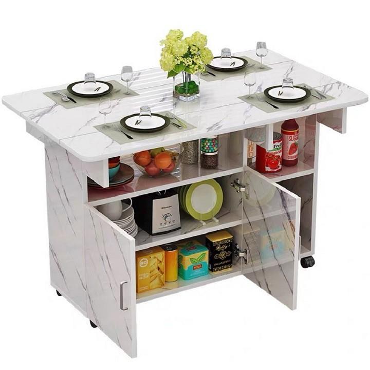 Bàn ăn gấp gọn thông minh tích hợp tủ để bát, gia vị kích thước sử dụng 120*70*77cm.