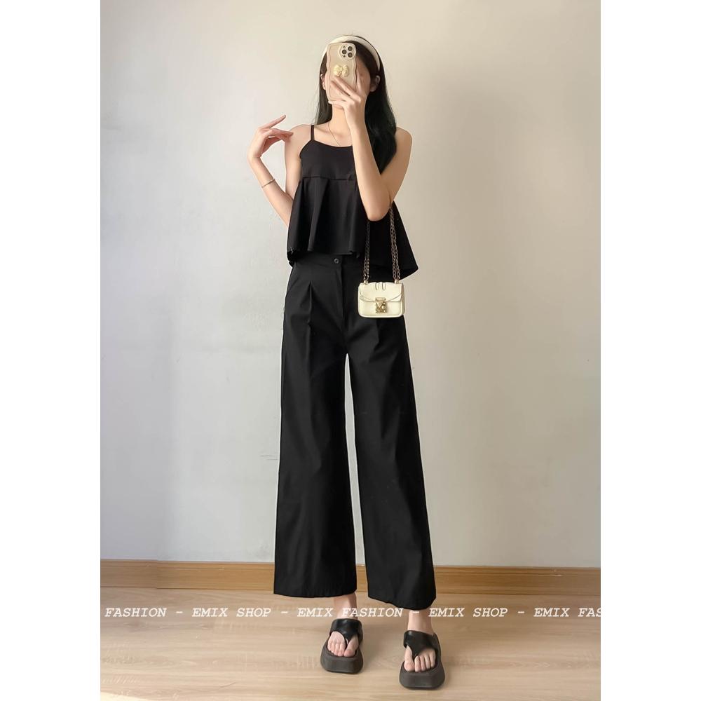 Set áo 2 dây và quần suông dài chất 2 da EMIX, bộ đi chơi, freesize dưới 55kg, cạp cao chun có co giãn, chất 2 da 566