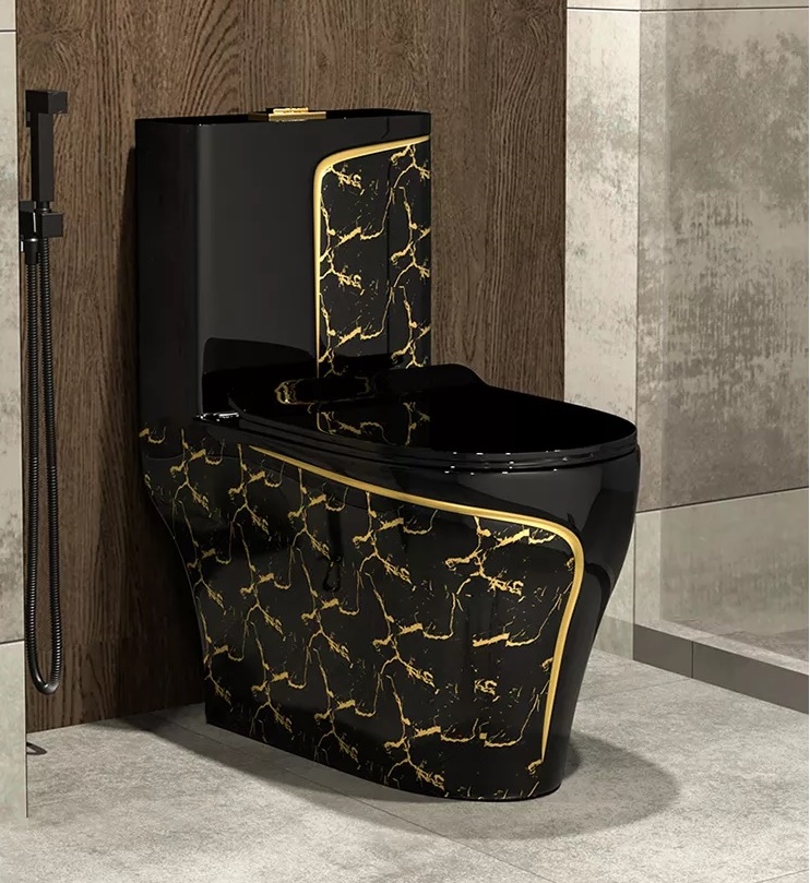 Bồn cầu 1 khối màu vàng đen kết hợp hoa văn độc đáo, thiết kế nghệ thuật