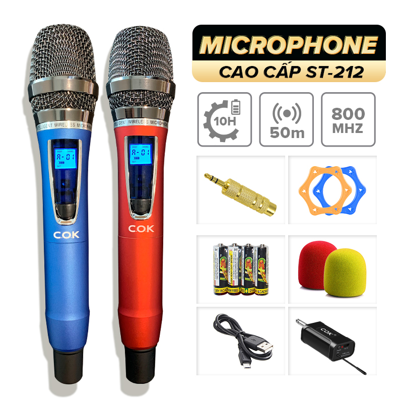 Micro không dây cao cấp C.O.K ST-212 (2 Mic), Dành cho loa kéo & dàn âm ly, Jack 6.5, bắt âm tốt - Hàng chính hãng 100%