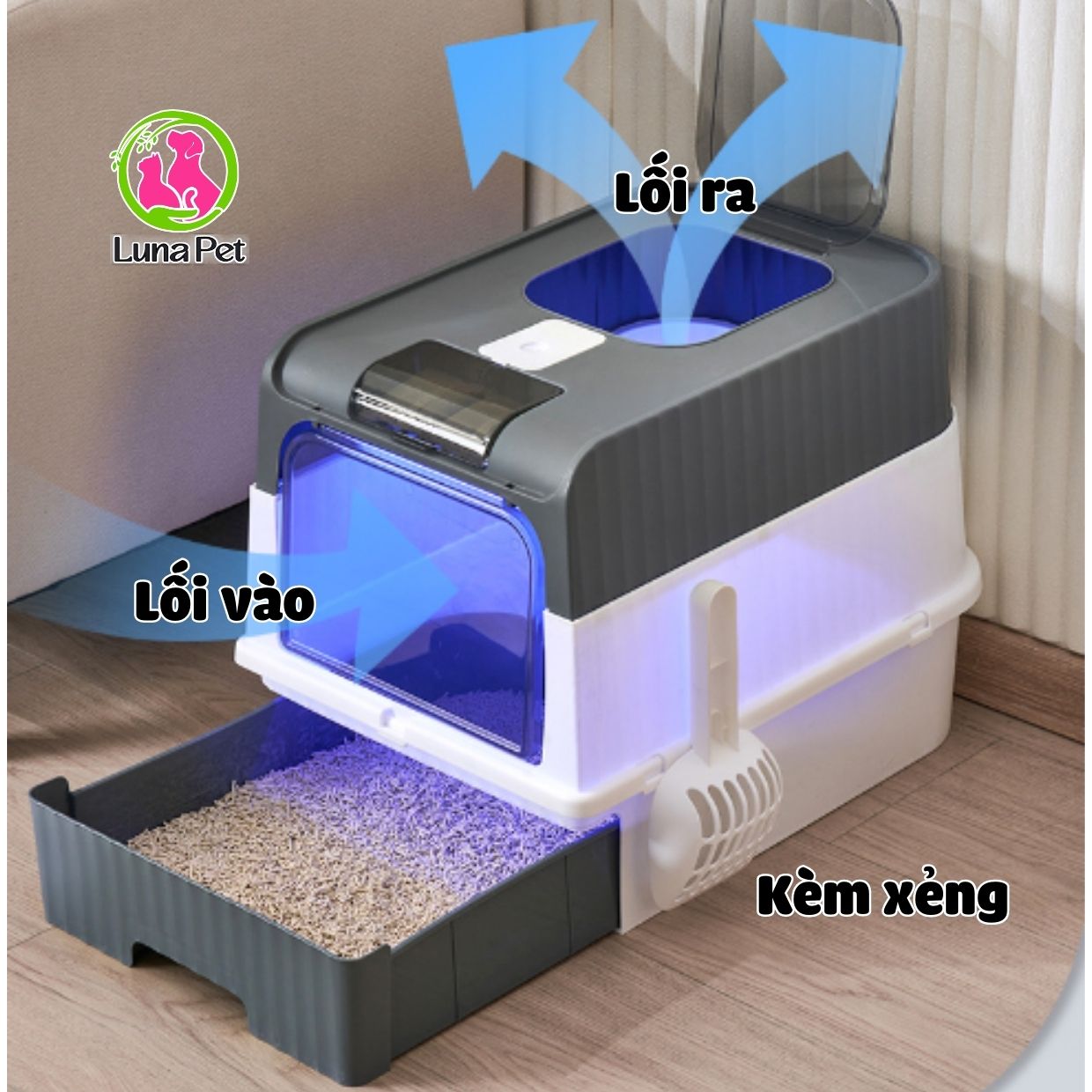 Nhà vệ sinh mèo cỡ lớn  Luna Pet NV06, nhà vệ sinh cho mèo 2 cửa có đèn khử khuẩn UV