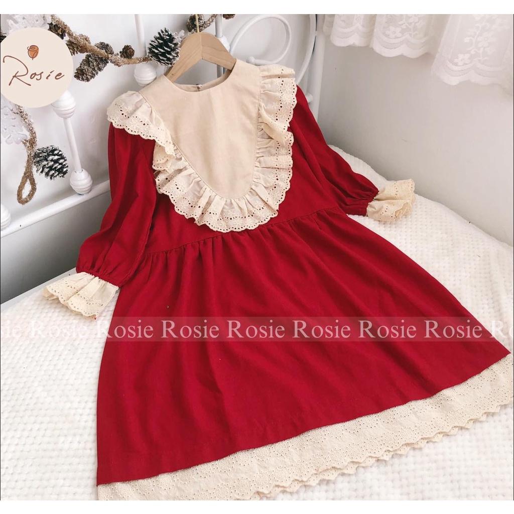 Váy đỏ cổ phối ren ROLIA chất liệu linen mặc tết cho bé gái từ 9-45kg V46