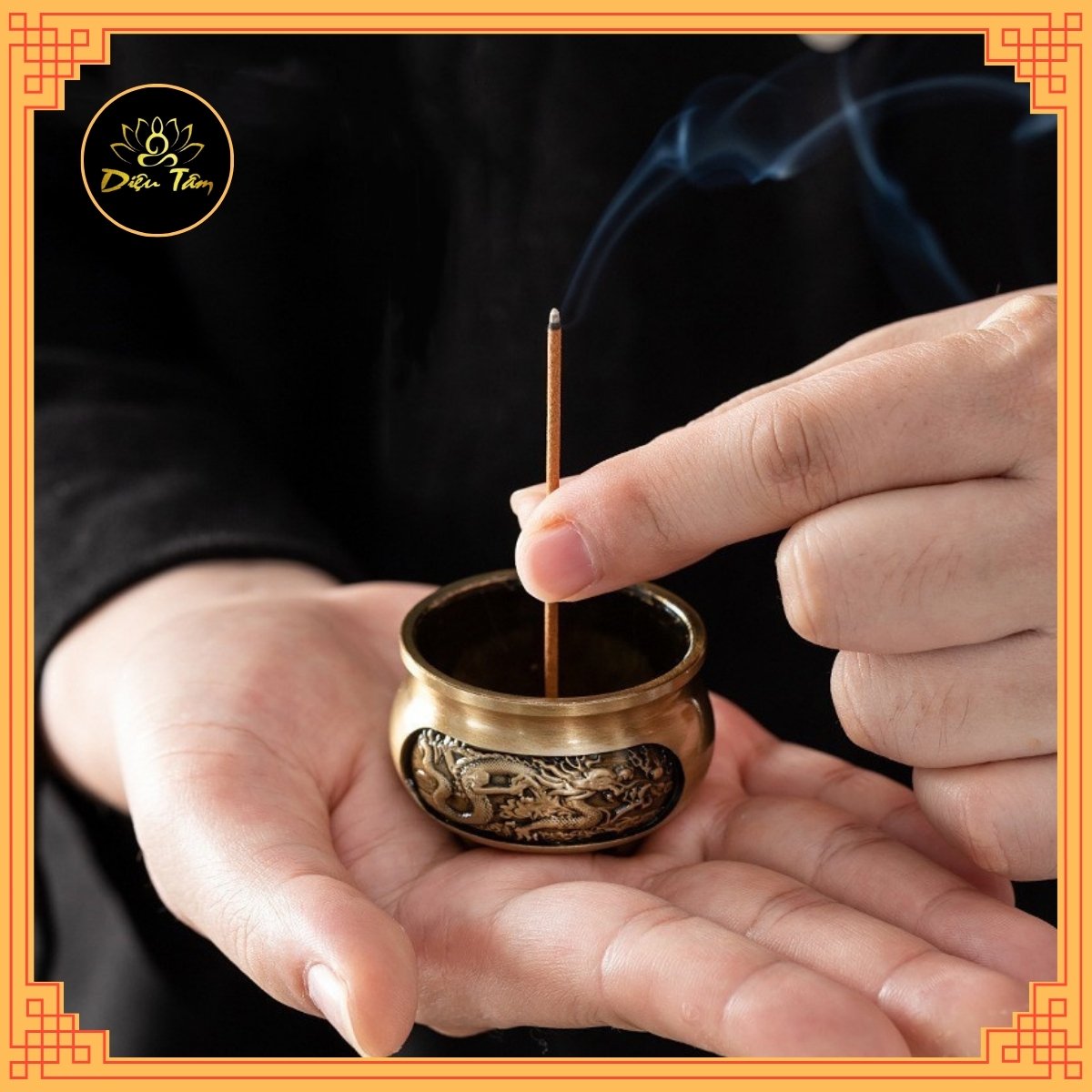 Lư Hương cắm nhang không tăm mini lư xông trầm hương 3 Chân Khắc rồng phượng tặng đế cắm nhang, lư không tăm mini