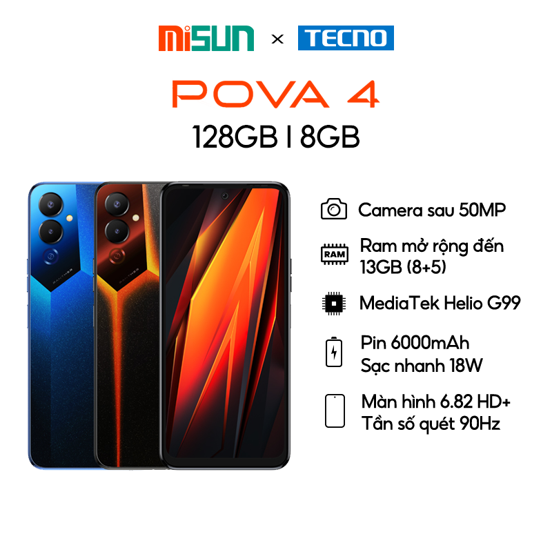 Điện thoại Gaming Tecno POVA 4 8GB/128GB - Hàng Chính Hãng - MediaTek G99 | 6000mAh - 6.6 inch- Bảo hành 13 Tháng