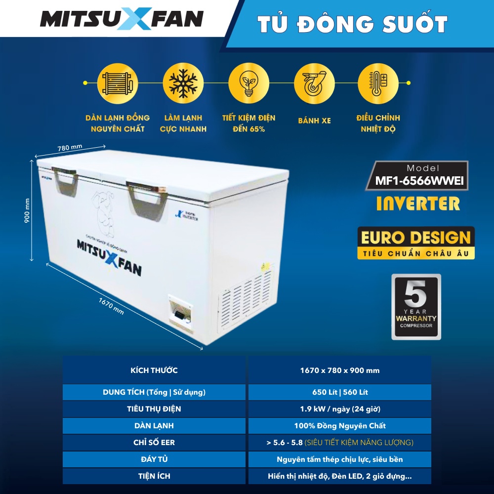 Tủ Đông Cao Cấp MITSUXFAN MF1-6566WWEI Inverter 650 Lít, 01 Ngăn, Tủ Cấp Đông Tiêu Chuẩn Châu Âu - Hàng Chính Hãng