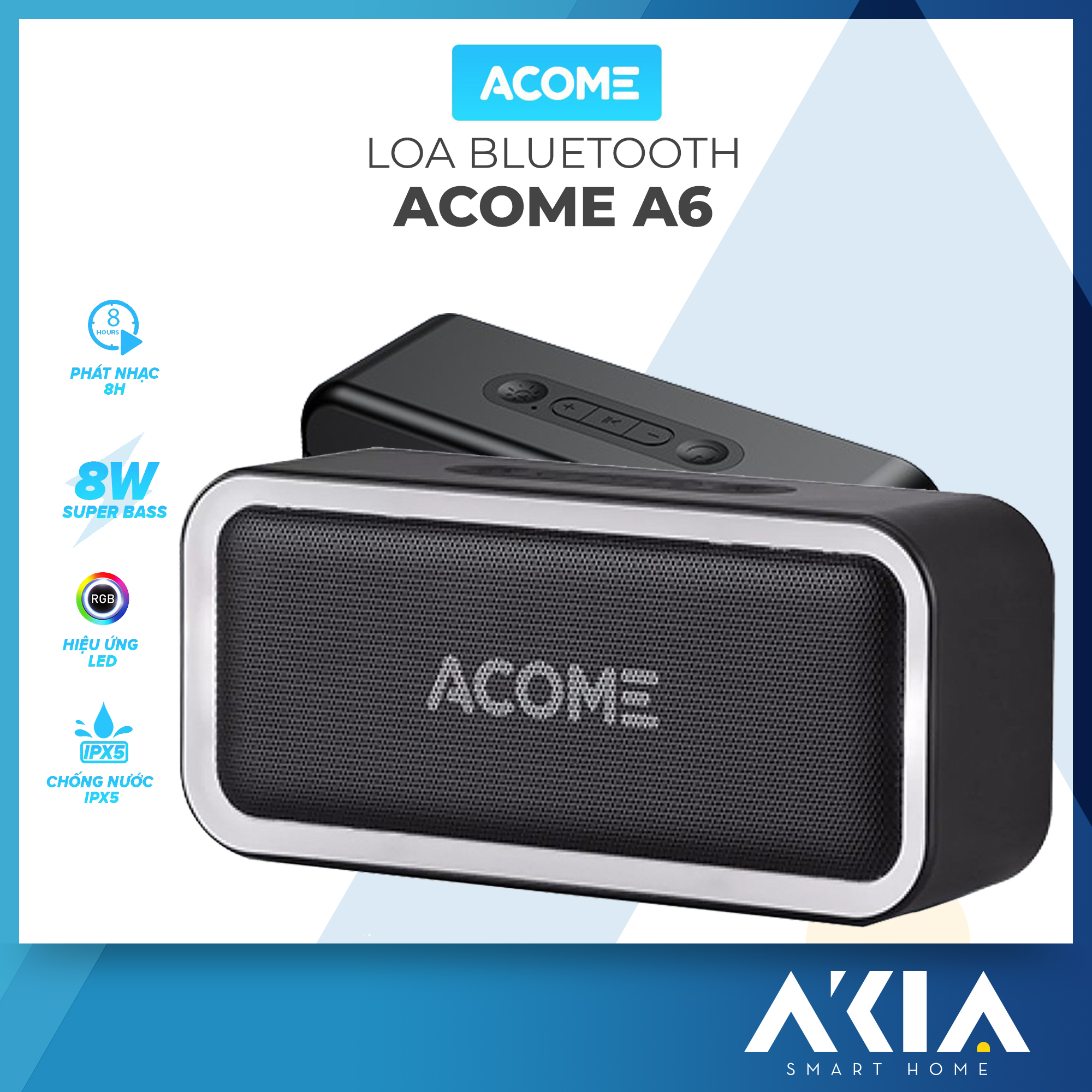 ACOME A6 Loa Bluetooth 5.0 công suất 5W với LED RGB Hỗ trợ TWS ghép đôi 2 loa Âm thanh vòm 360 độ kết hợp bass trầm thời gian nghe nhạc 6H - HÀNG CHÍNH HÃNG