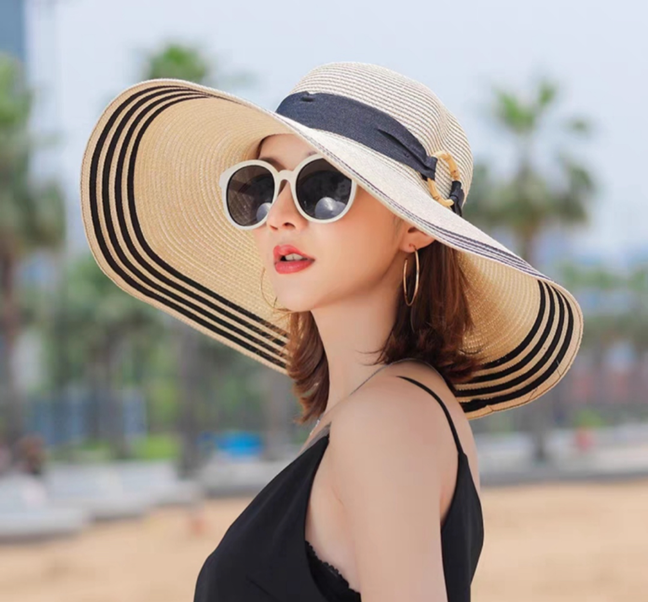 Mũ đi biển cho nữ phối viền sọc, nón nữ vành rộng du lịch dã ngoại chống nắng chụp hình xinh thời trang Korea dona270626