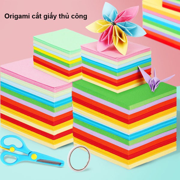 Set 100 tờ giấy gấp Origami nhiều kích thước dùng để làm thủ công, gấp hạc, gấp hoa