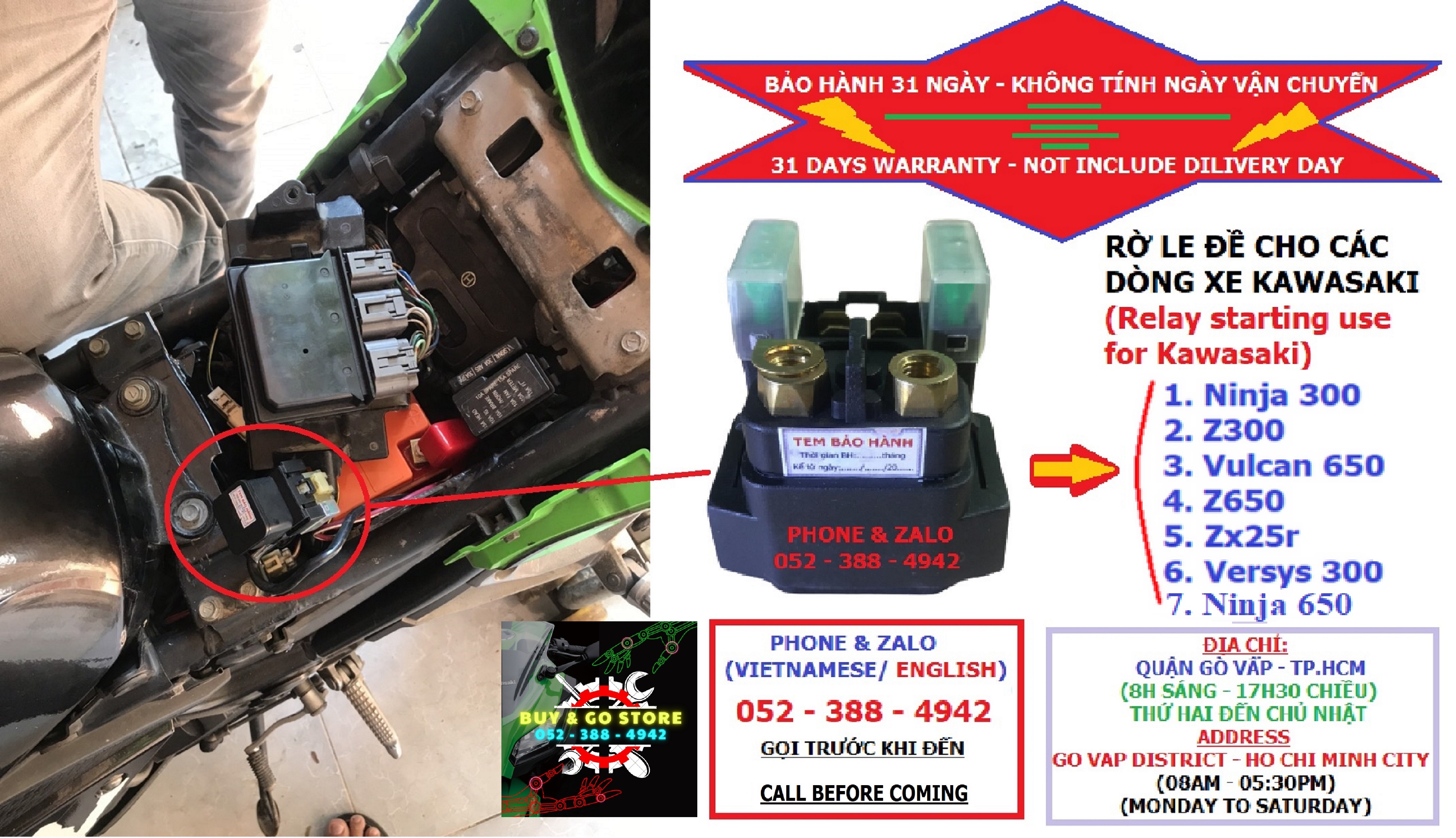 Relay đề kawasaki - Relay starting use for kawasaki. (Ninja/Z300,Zx25r, Vulcan/Z650/ Ninja 650 halogen, Versy300)