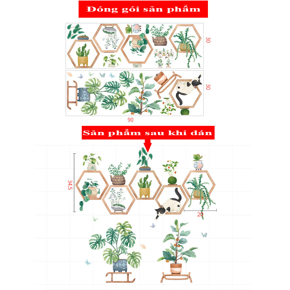 Sticker Giấy Dán Tường Decal Dán tường Tranh Dán Tường Trang Trí Tường Mẫu Kệ Cây Cảnh, Lục Giác  ZH-1001